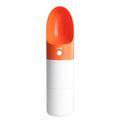 Moestar rocket-shaped pet drinking cup in white with grey accents showing water outlet and lock button