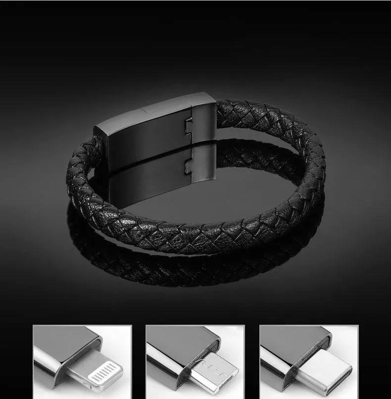 Brown double-line bracelet cable measuring 22.5cm with single USB connector in gift box