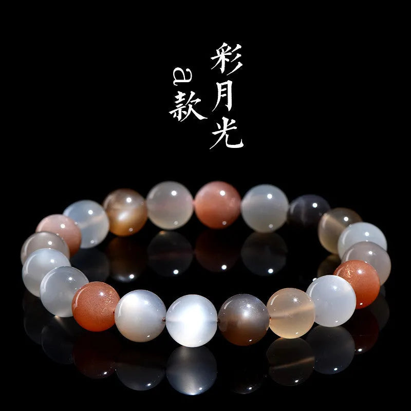 Natural moonstone bracelet with 8mm colourful beads on a single strand.