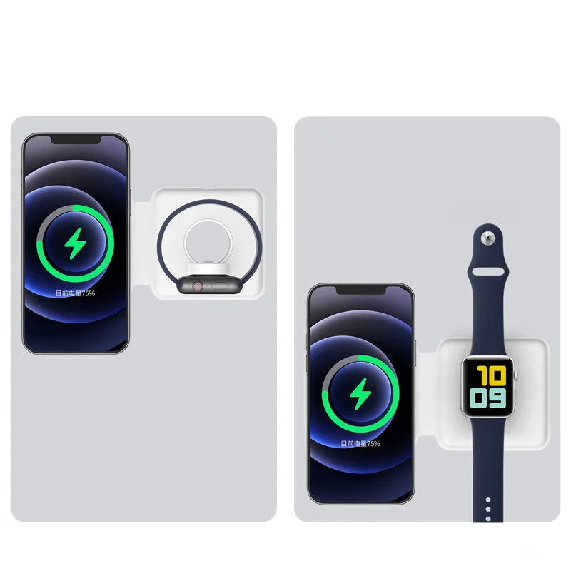 White folding dual wireless charger with 19mm folded thickness, Type-C input, for iPhone and Apple Watch