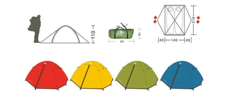 Double aluminum pole rainproof camping tent in green, set up in a field with quick-open design and 110cm height
