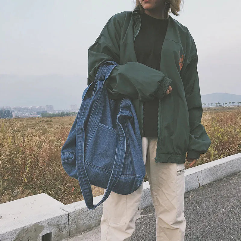 Large canvas tote bag in dark blue or light blue with polyester lining, women's shoulder bag.
