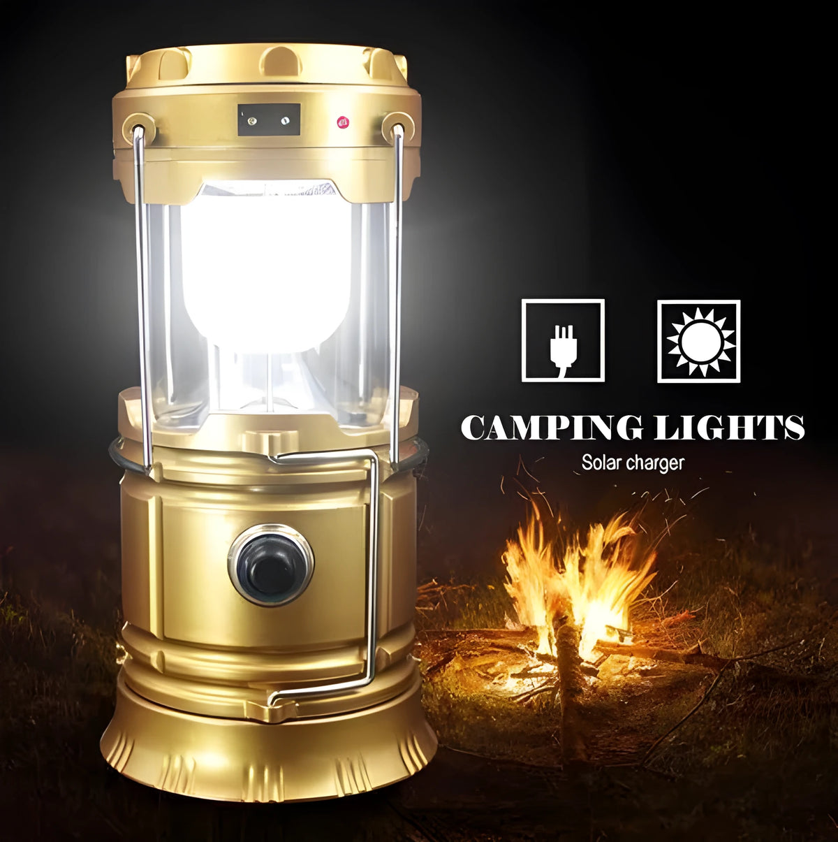 Collapsible LED solar camping lantern in Blue or Gold with reflective lenses, rubber handle and water resistant ABS body