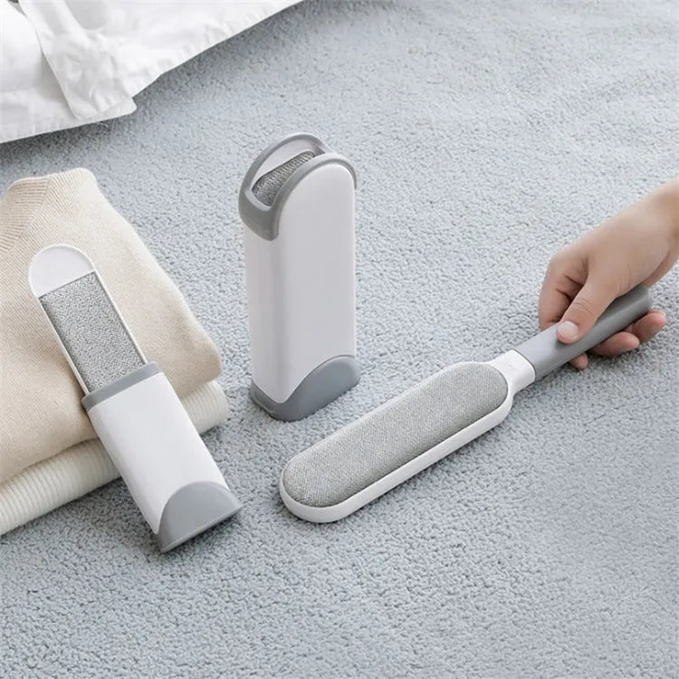 Electrostatic hair removal brush with polyester yarn bristles, two sizes and colour options, on a fabric surface