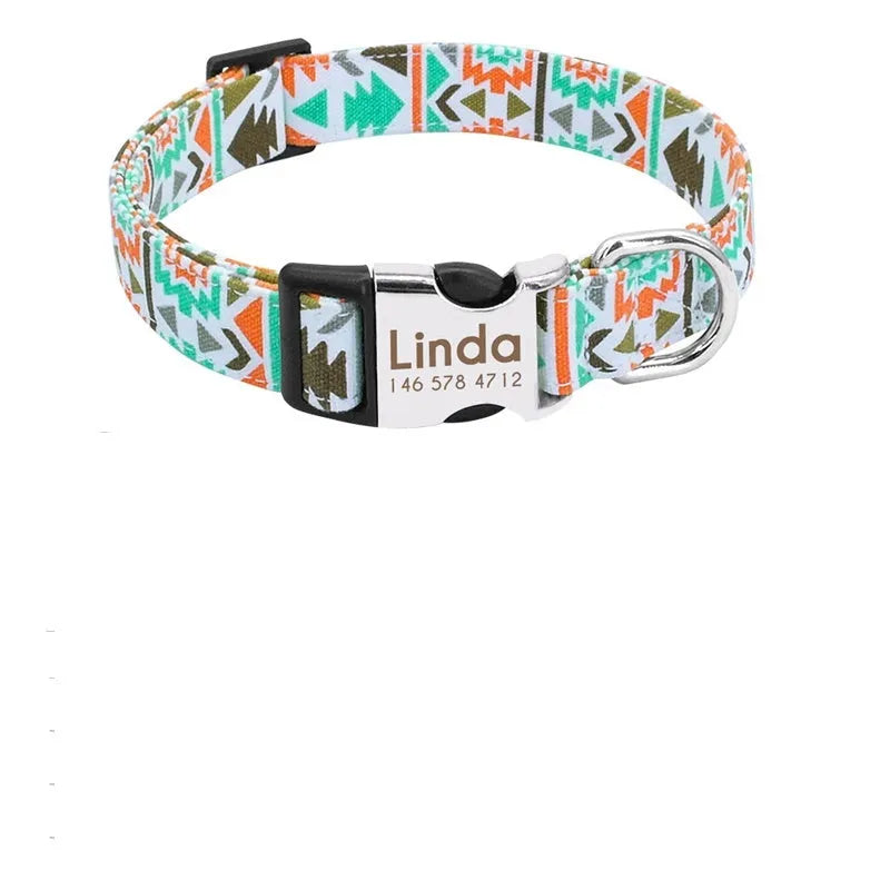 Custom nylon dog collar with engraved name tag in red blue orange for medium large dogs pug french bulldog