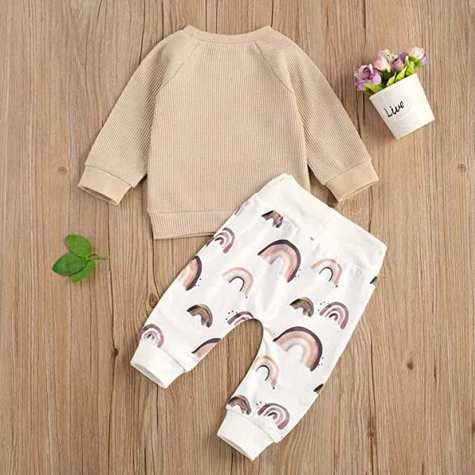 Children's cotton autumn long-sleeve two-piece suit with rainbow pattern in sky blue for 80cm height