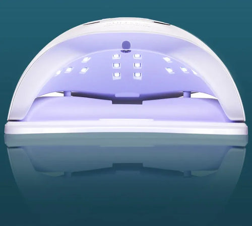 White 120W UV LED gel nail polish dryer lamp with timer display and multiple light settings.