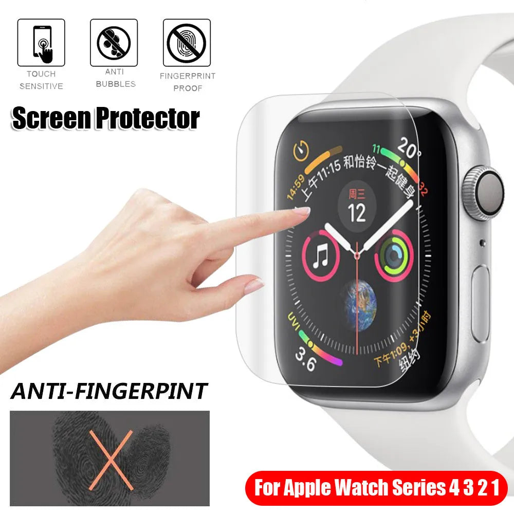 Full coverage hydrogel screen protector film for Apple Watch Series 4 and Series 3 models.