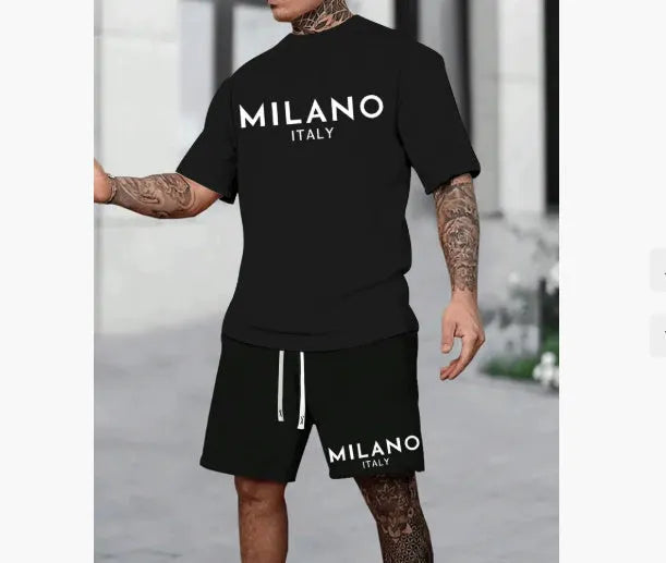 Men's light blue polyester short sleeve pullover top and matching shorts casual summer suit set