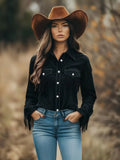 Patchwork feather slimming top jacket in black with tassel and stitching details, loose fit long sleeves street hipster style