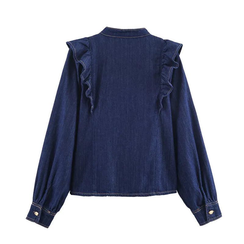 Autumn denim-look layered top and trousers set in solid colour with button detailing