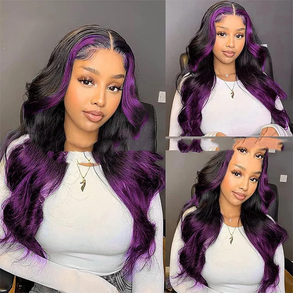 Gradient purple front lace human hair wig with 13x6 lace frontal shown in long lengths.