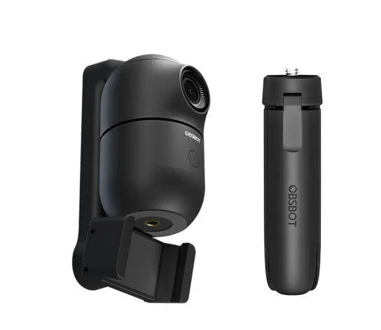 Black folding phone bracket with PTZ head extended on a tripod, showing phone clamp and control paddle