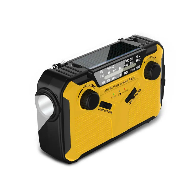 Yellow weather forecast solar emergency radio with solar panel, hand crank, and multi-band tuning