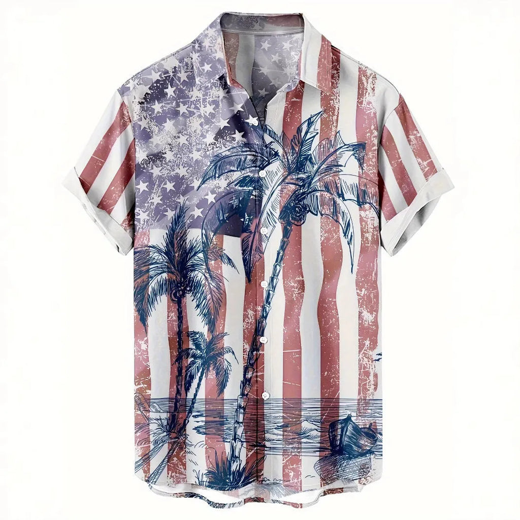 Men's short sleeve shirt with 3D printed floral pattern in loose cardigan style