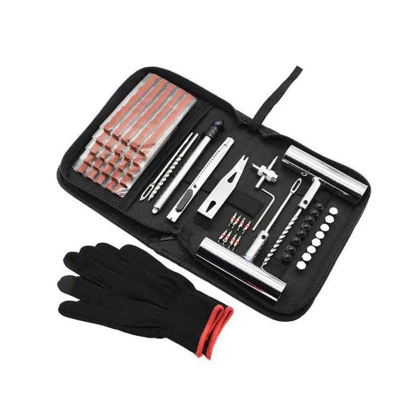 A cloth bag containing a 43-piece tire repair kit with 45 steel tools for puncture repairs.