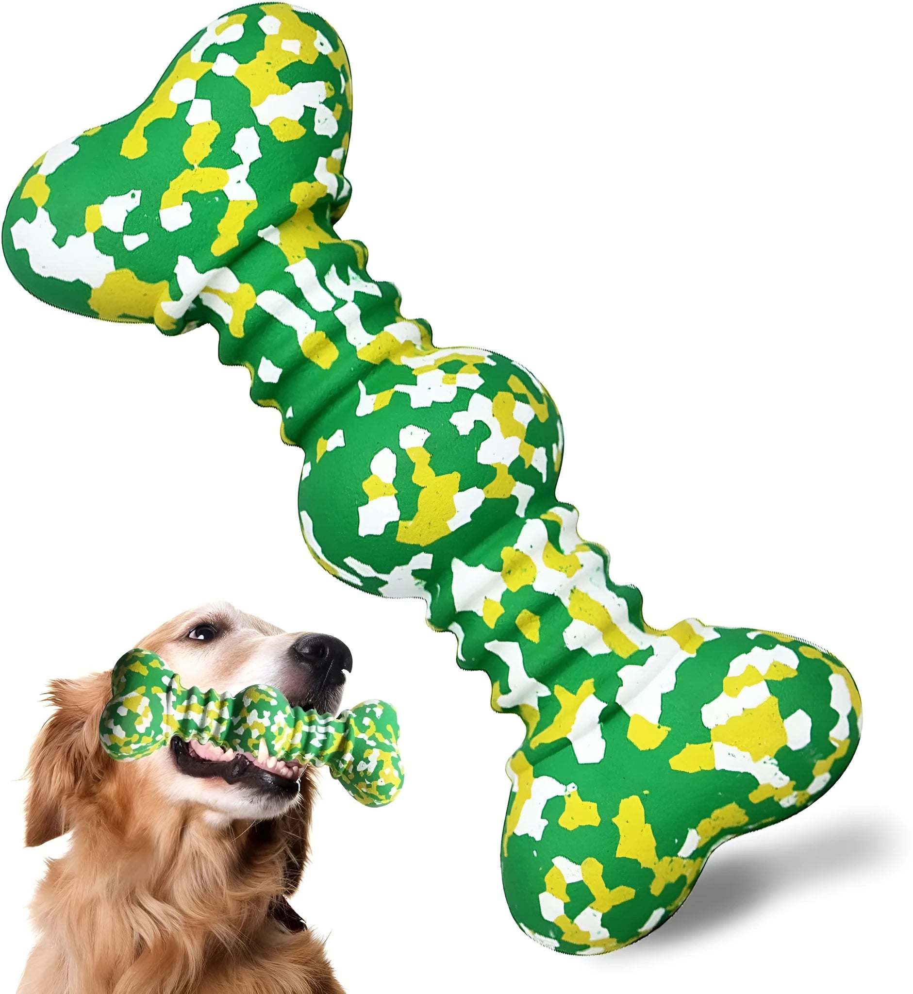 Green and white camouflage patterned natural rubber dog chew toy for large breeds on a wooden floor.