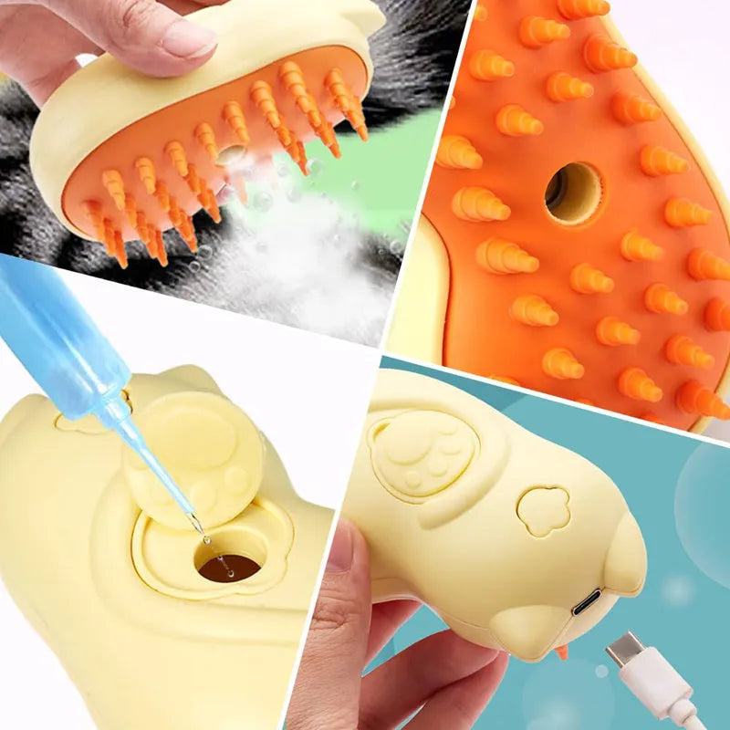 White pet grooming brush with steam function and ergonomic handle on a blue background.