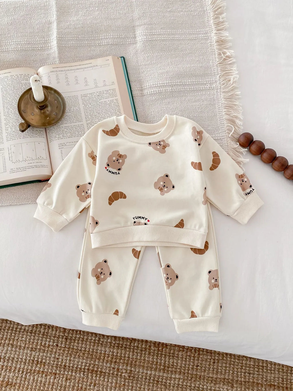 Bear round neck long-sleeve cotton suit with animal cartoon pattern, shirt and pants set in Bear or Flying Fish colours