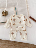 Bear round neck long-sleeve cotton suit with animal cartoon pattern, shirt and pants set in Bear or Flying Fish colours
