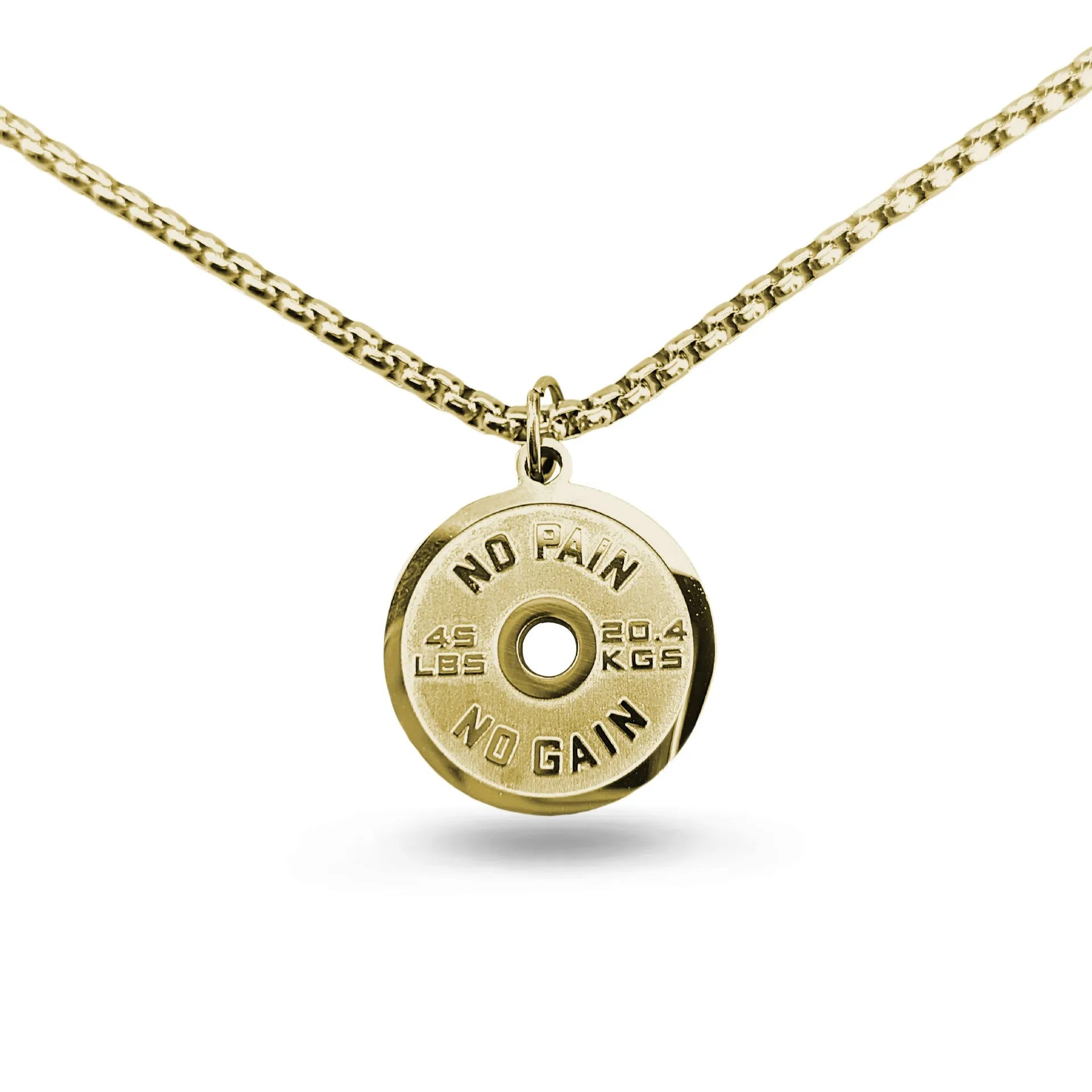Stainless steel barbell disk sports necklace on a choice of pearl, gold, or black 60cm chain.