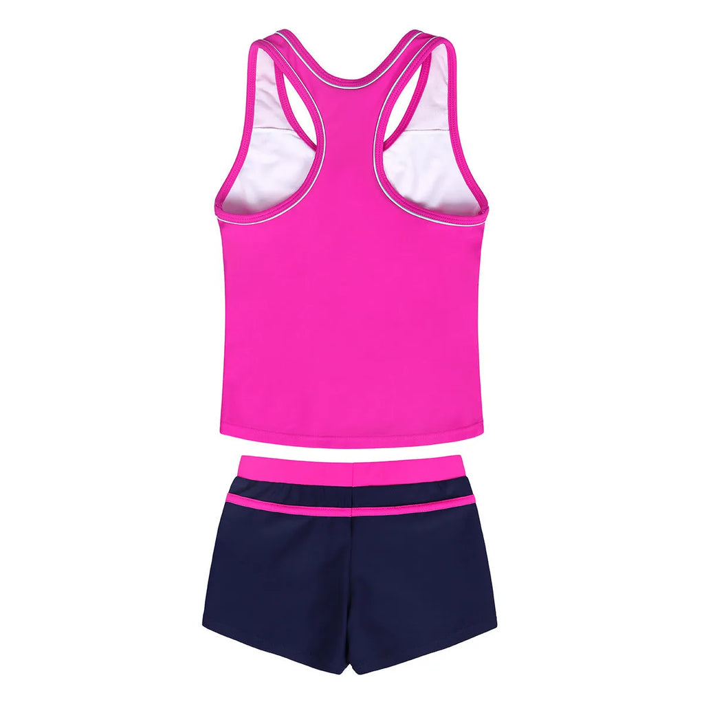 Girls two-piece split boxer swimsuit with chest pad in blue showing shirt and shorts on child model