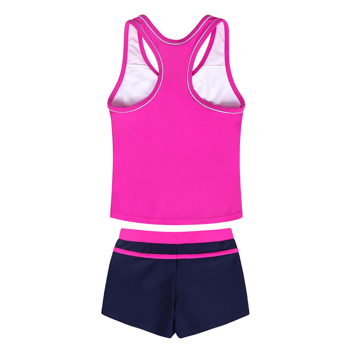 Girls two-piece split boxer swimsuit with chest pad in blue showing shirt and shorts on child model