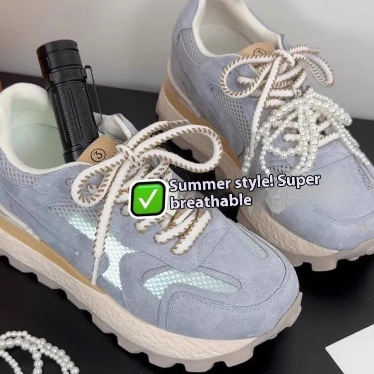 Women's platform sneakers with height-increasing insole, synthetic leather upper, rubber sole, mid heel 3-5cm, blue apricot yellow