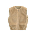 Women's faux fur zipper waistcoat in khaki colour, front view, polyester fabric, casual Korean style