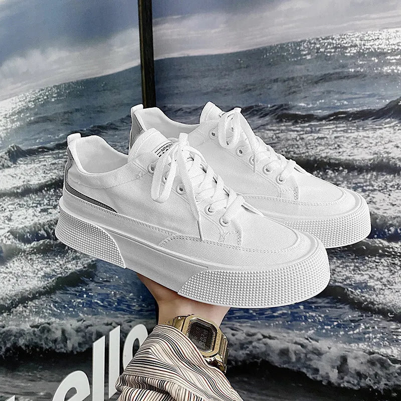 Canvas low top platform men's sneakers with cotton lining, 3-5cm mid heel, available in black or white