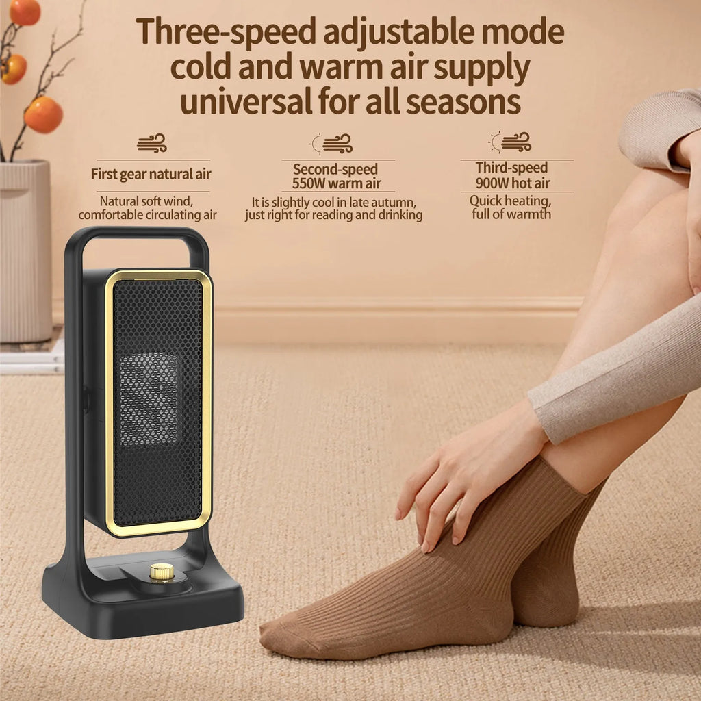 Black compact PTC ceramic air heater with control knob, shown with EU, UK, and US plug options.