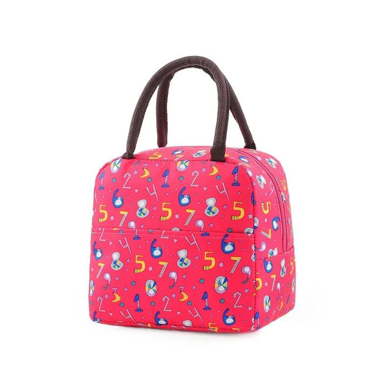 Insulated thermal lunch bag handbag in Oxford cloth with aluminium foil, showing colour options.
