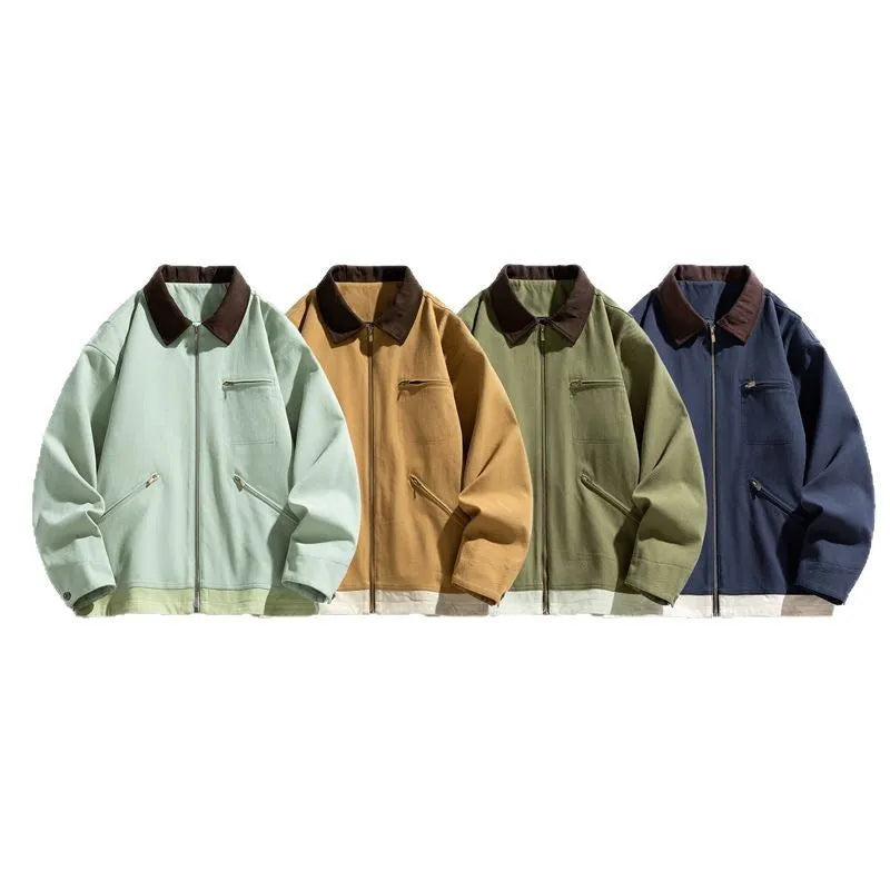 Korean style retro workwear couple jacket in mint green with side seam pockets.