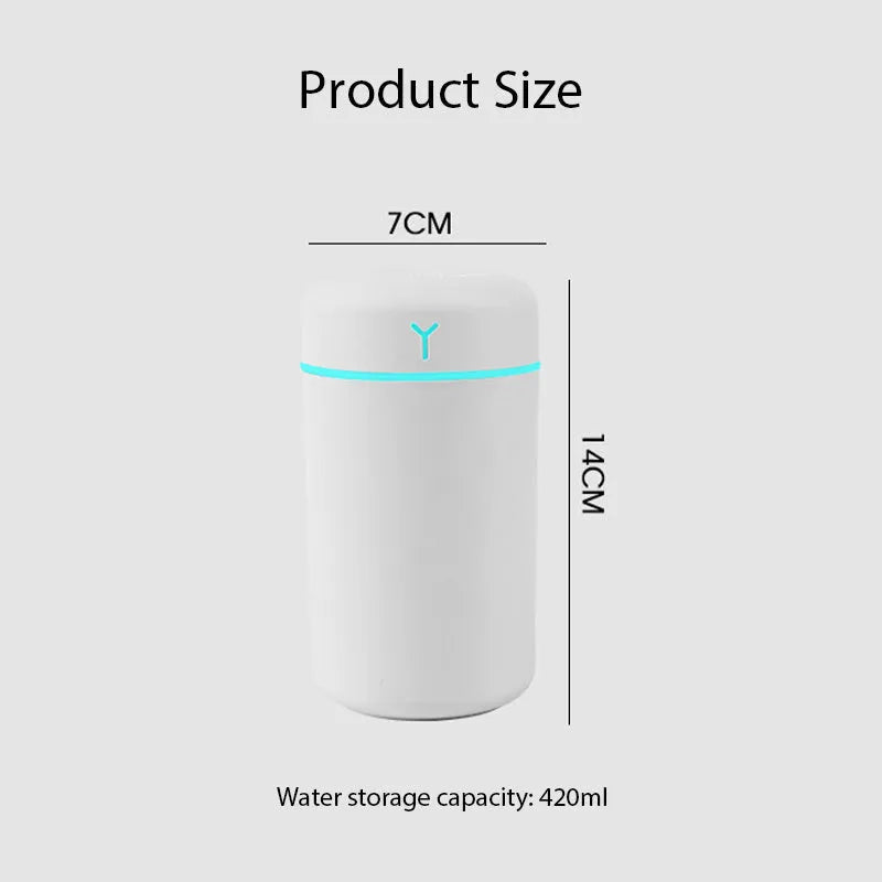 White columnar plastic desktop USB humidifier with single fog outlet for indoor use
