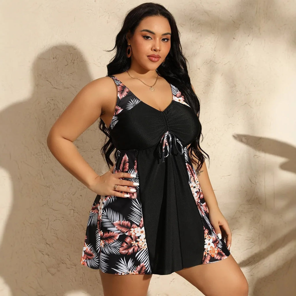 Plus size women's bikini in leopard print with conservative skirt briefs, sizes 0XL-5XL.