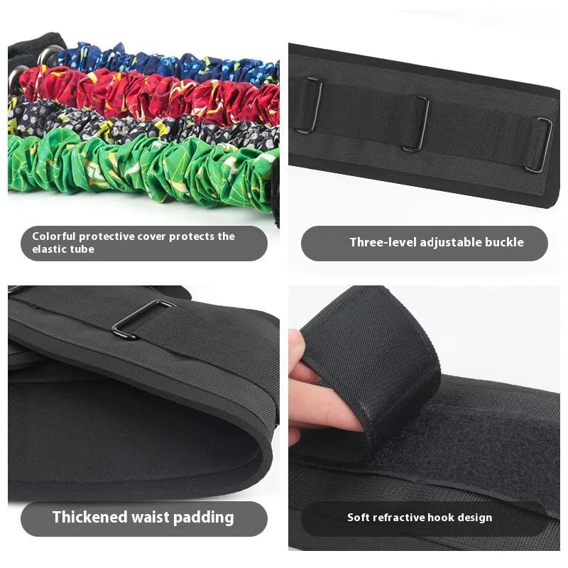 Fitness chest expander elastic belt with red, blue, black, and green resistance sleeves on a grey background.