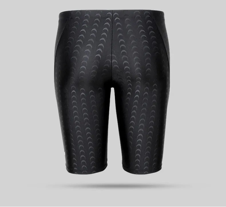 Shark skin five-point men's swimming trunks in polyester with spandex lining, black or blue, sizes L to 5XL