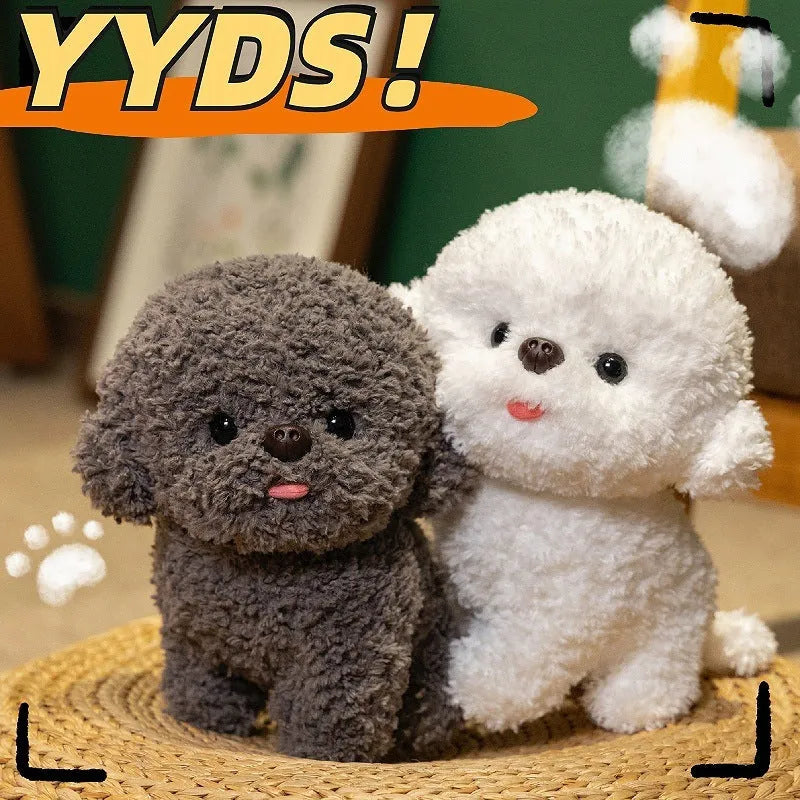 Bichon Frise plush toy with tongue-sticking design, shown in gray or white and available in 20cm or 30cm sizes.