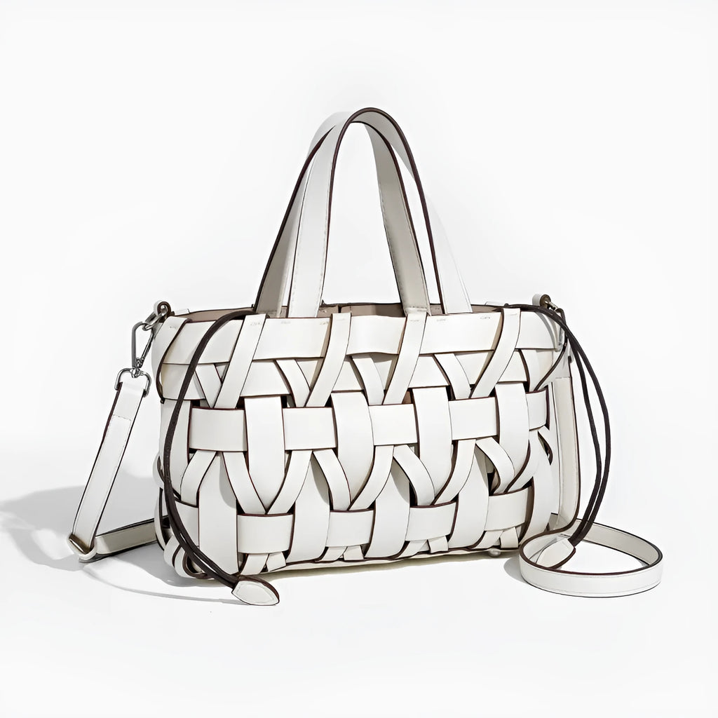 Women's hand-woven PU bucket handbag with open pocket, available in white, pink, brown, apricot, and black