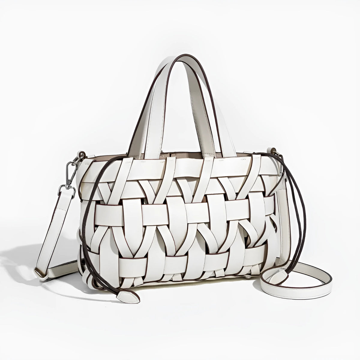 Women's hand-woven PU bucket handbag with open pocket, available in white, pink, brown, apricot, and black