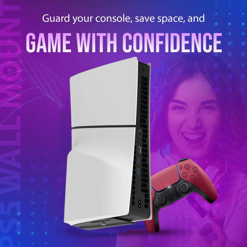 Aluminium alloy wall mount bracket for PS5 Slim console, black or white, 162mm x 100mm x 75mm, with screws and plugs.