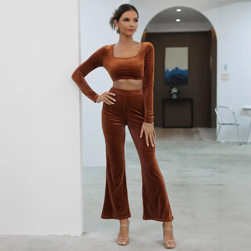 Caramel long sleeve sweater casual set with top and pants, sizes S to XXXL