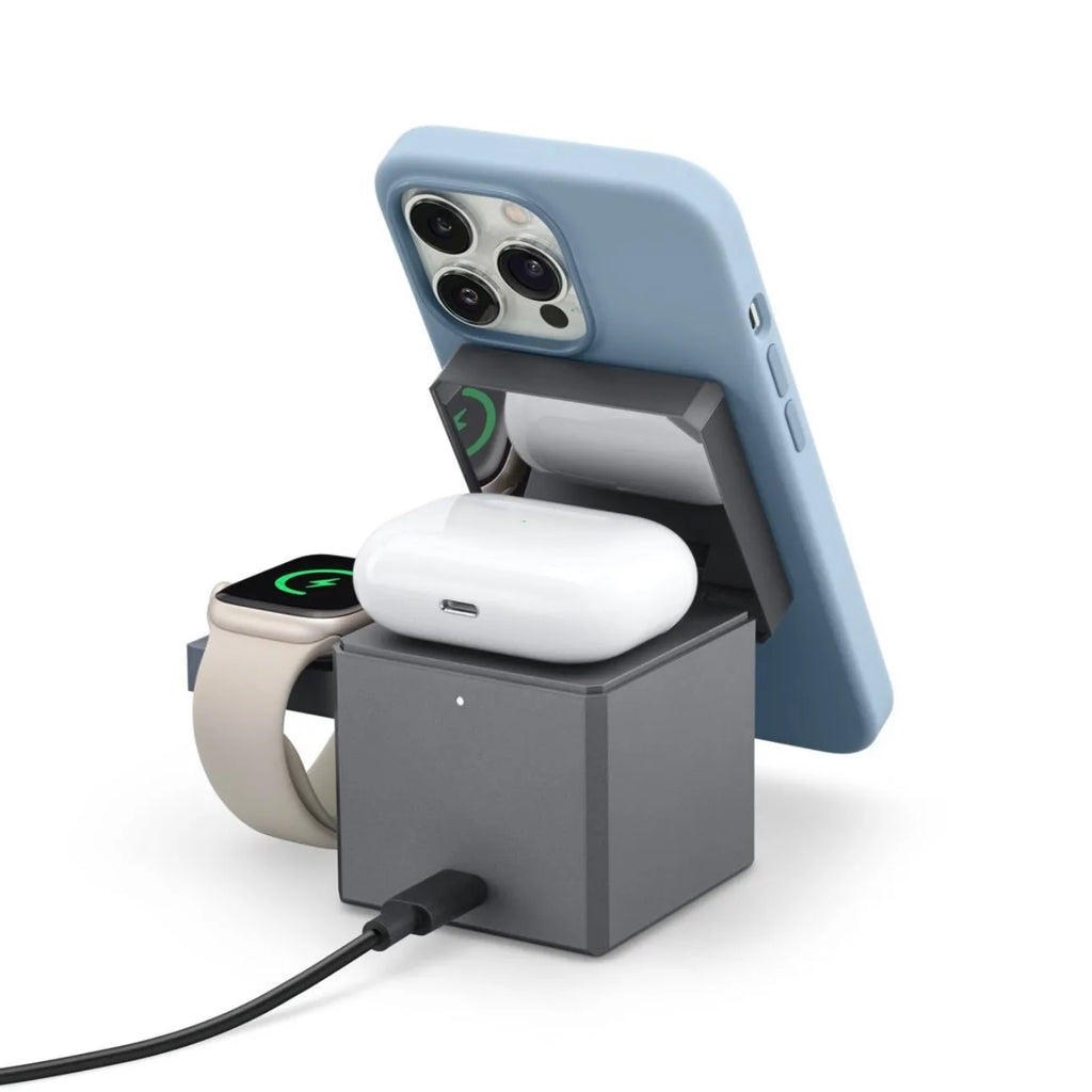 Foldable magnetic wireless charger showing iPhone AirPods and Apple Watch charging simultaneously