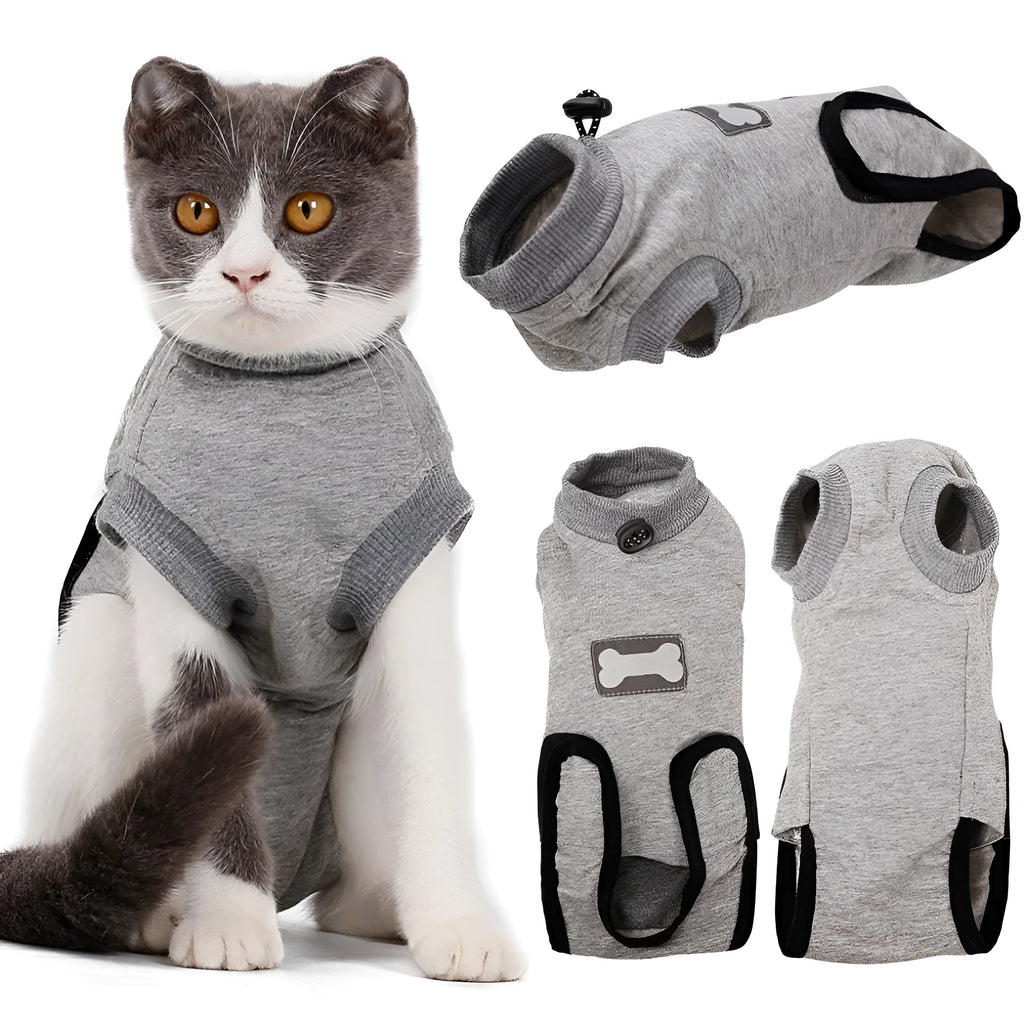 Pet cat recovery suit in pure cotton with anti-mite and sterilisation features, available in multiple sizes for small cats