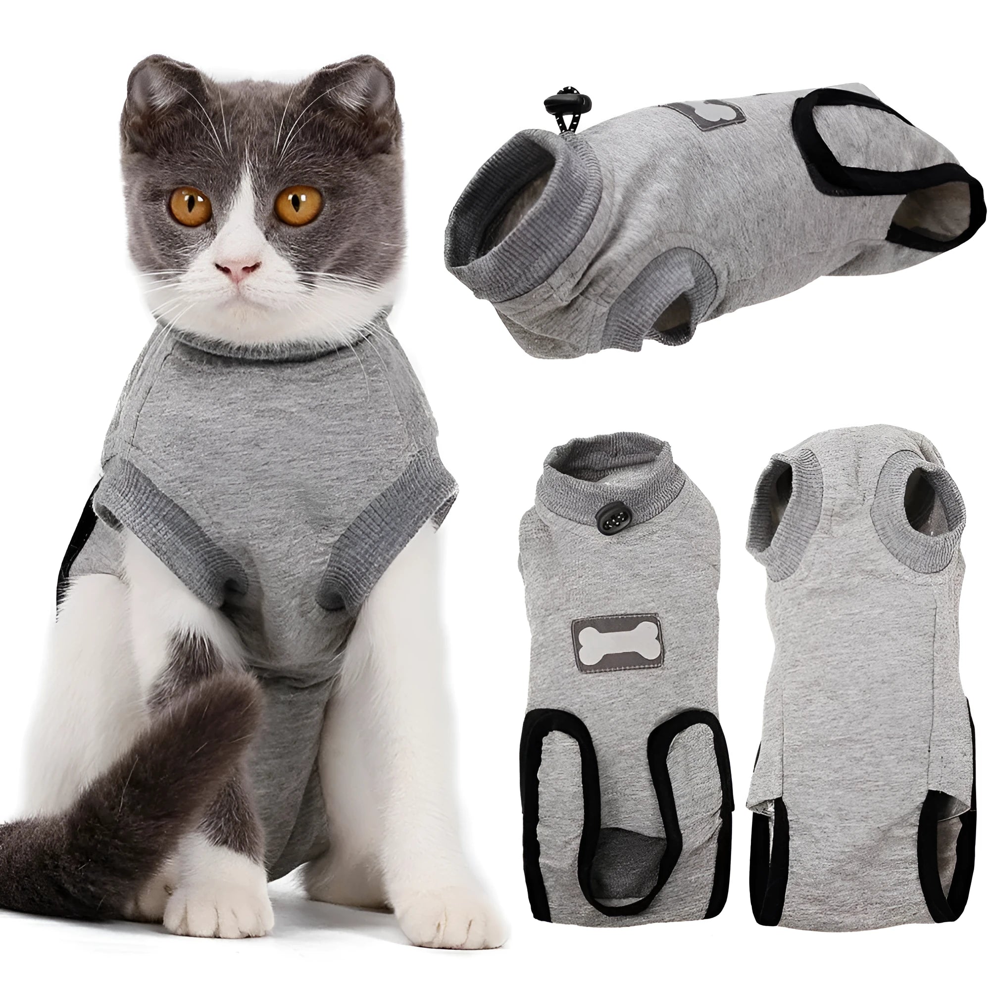 Pet cat recovery suit in pure cotton with anti-mite and sterilisation features, available in multiple sizes for small cats