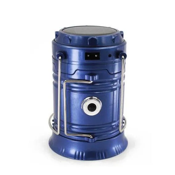 Collapsible LED solar camping lantern in Blue or Gold with reflective lenses, rubber handle and water resistant ABS body