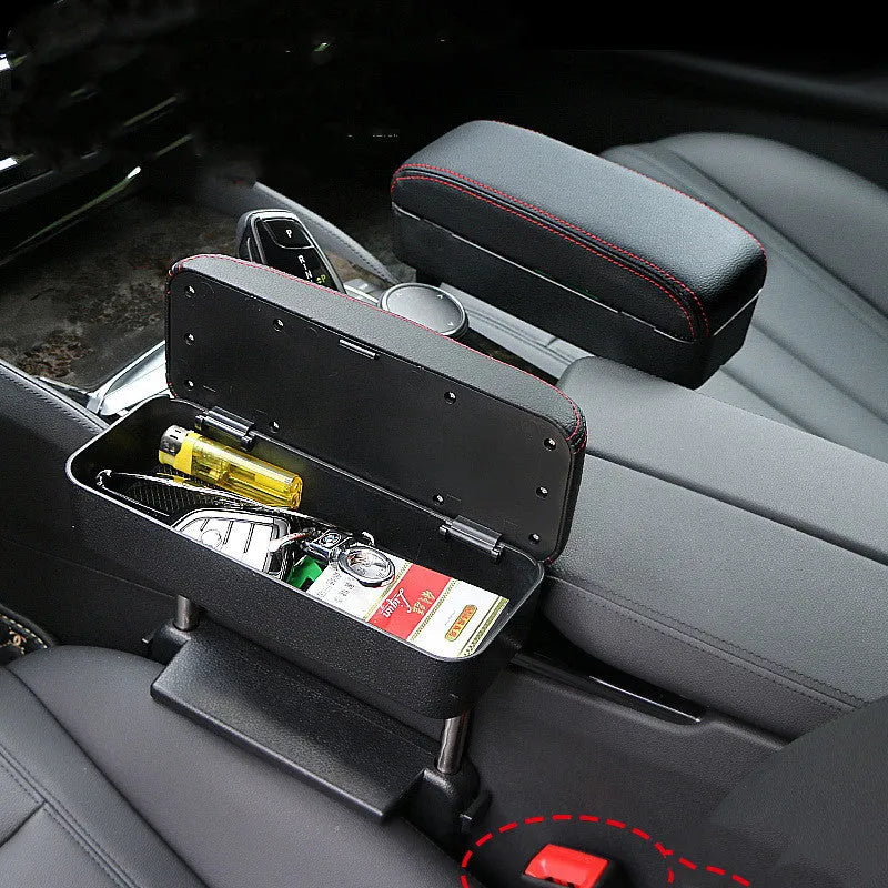 Car armrest box with wireless charging and adjustable pad in black with red stitching, universal fit