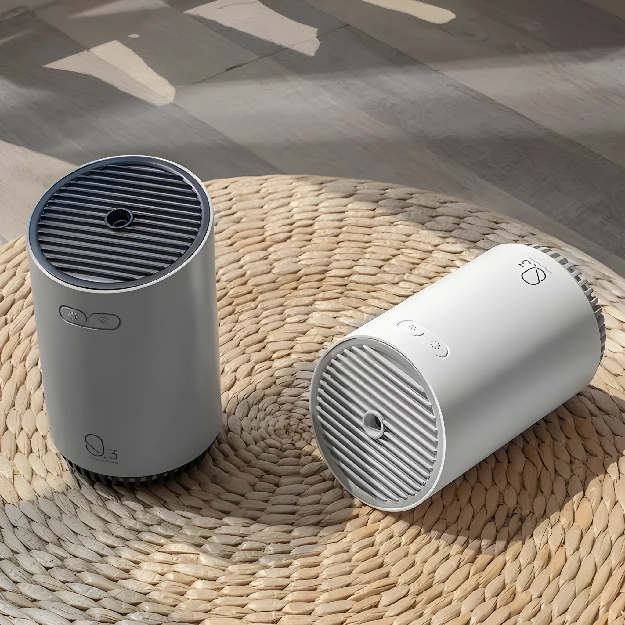 Mini aromatherapy car humidifier Q3 in white, pink, and grey with 320ml tank