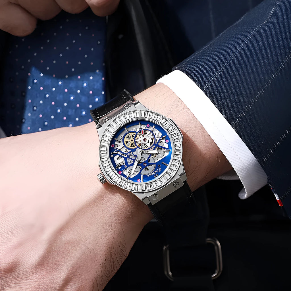 Men's automatic mechanical skeleton watch with diamond studs on a white dial.