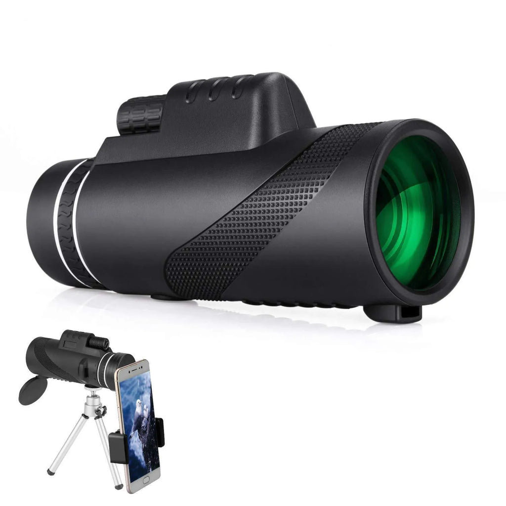 Black 40x60 smartphone monocular telescope with 144mm length on a table.